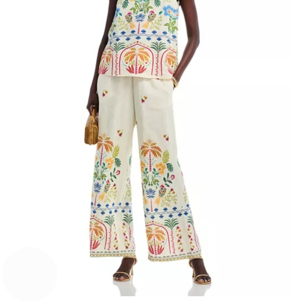 Johnny Was Pants L Ivory 100% Linen Soller Wide Leg Embroidered Boho New $225 - Picture 2 of 16